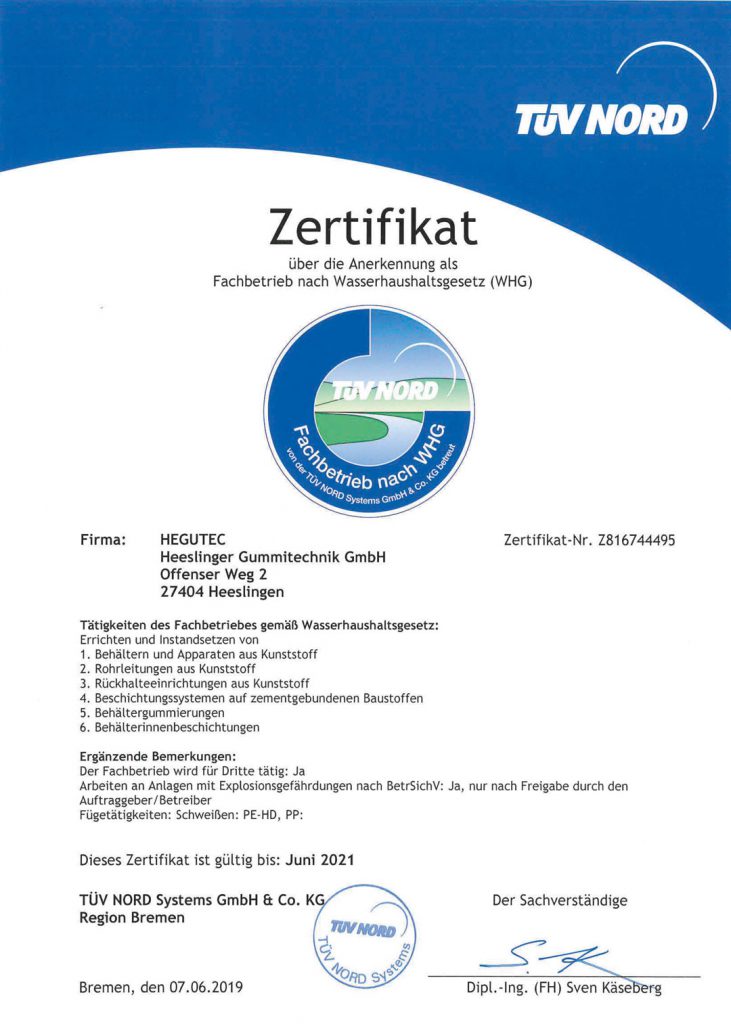 zeigt das Zertifikat als WHG Fachbetrieb bis zum Jahr 2021